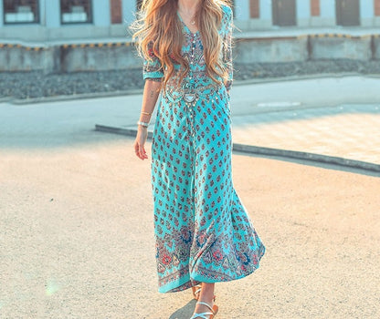 Dreamy Daze Boho Maxi Dress [Spirit and Rebel] Turquoise S 