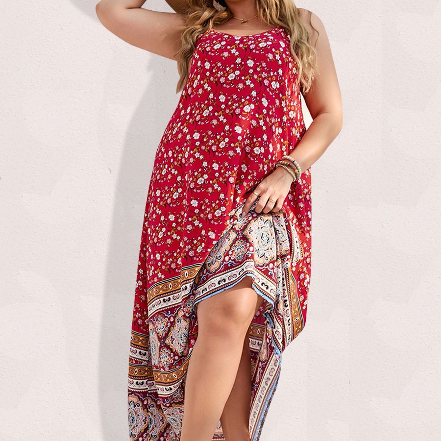 Spirit and Rebel Floral Boho Plus Size Maxi Dress [Spirit and Rebel] Red3 L 