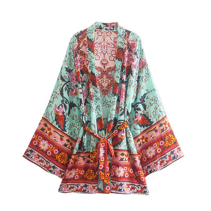 Happy Boho Vintage Peacock Floral Bohemian Kimono [Spirit and Rebel] Green S 