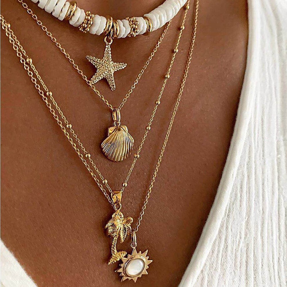 Boho Bliss Shell Star Sun Pendant Layered Necklace [Spirit and Rebel] Gold  