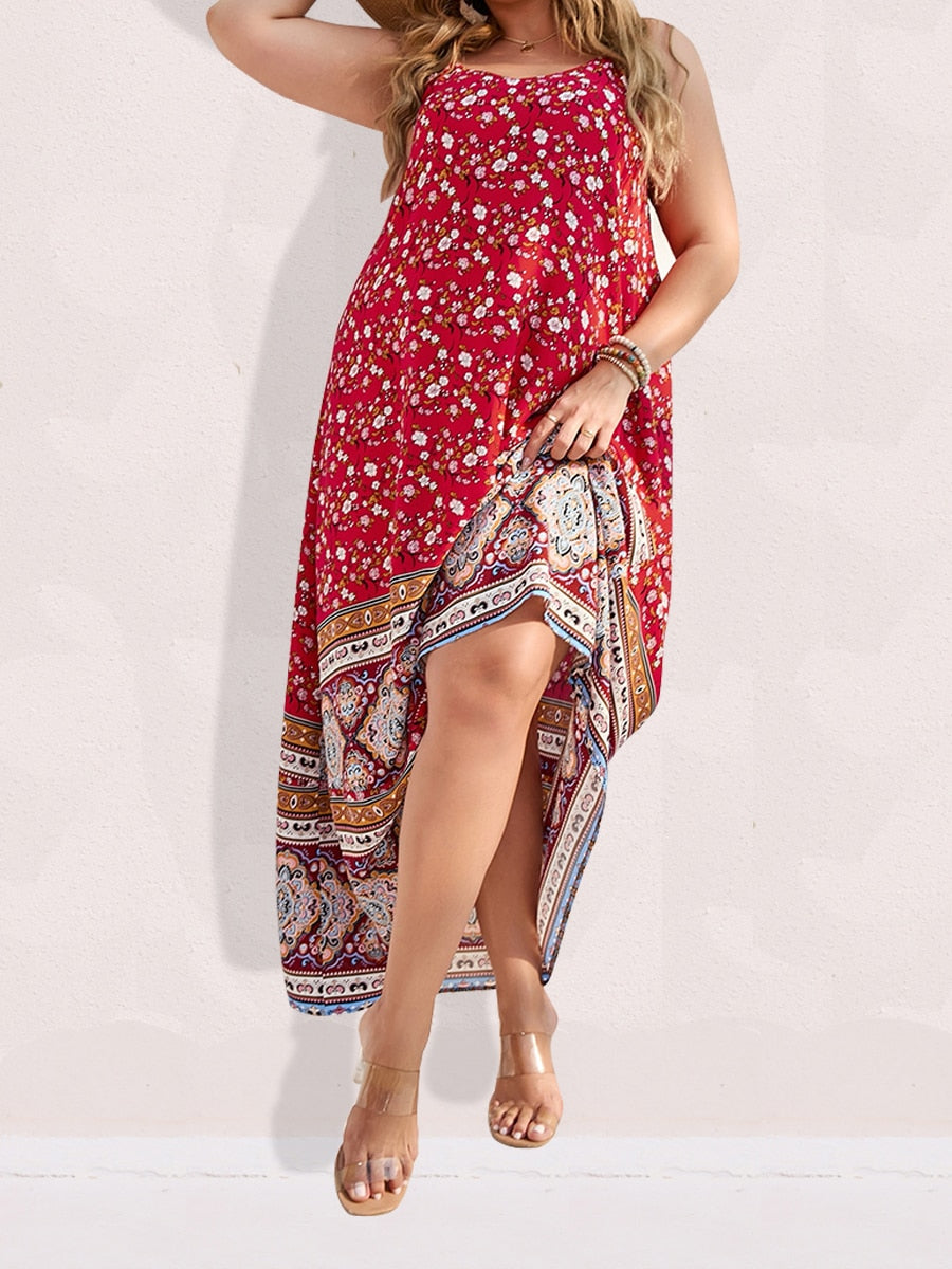 Spirit and Rebel Plus Size Floral Print Boho Maxi Dress [Spirit and Rebel] Red L 