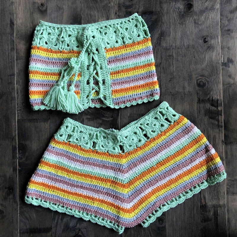 Blissful Beach Boho Crochet Beach Cover Top Skirt [Spirit and Rebel] Green Set-2 One Size 