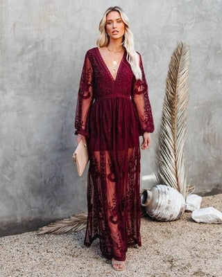 Mystical Moonlight Lace Boho Maxi Dress [Spirit and Rebel] Wine Red S 