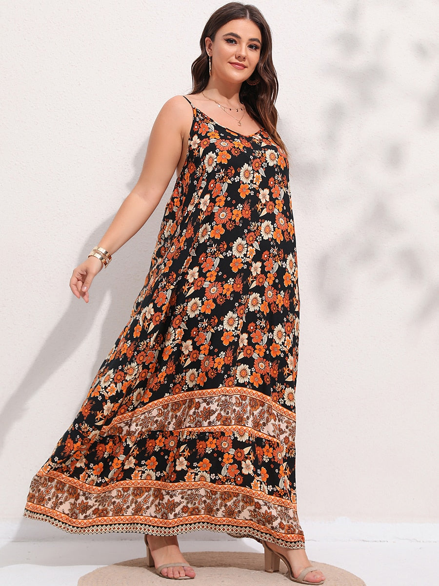 Spirit and Rebel Plus Size Floral Print Boho Maxi Dress [Spirit and Rebel]   