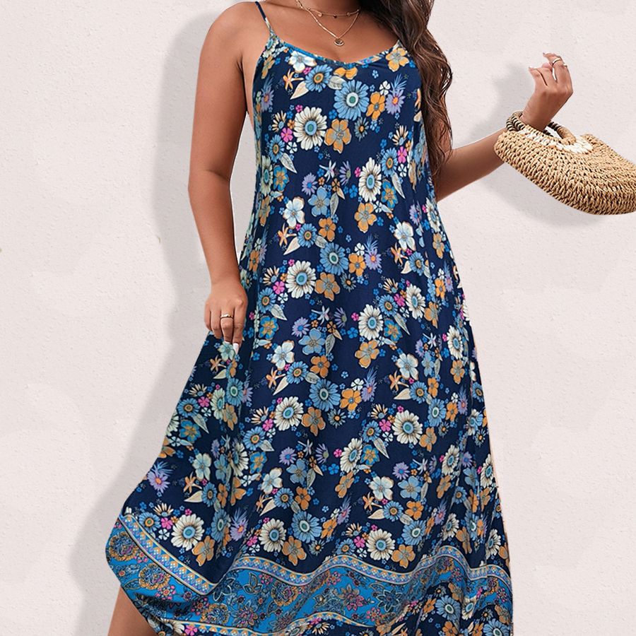 Spirit and Rebel Floral Boho Plus Size Maxi Dress [Spirit and Rebel] Blue2 L 