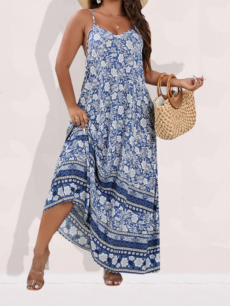 Spirit and Rebel Plus Size Floral Print Boho Maxi Dress [Spirit and Rebel] Blue L 