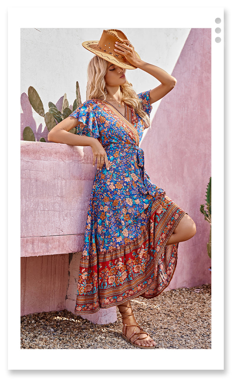 Meadow Dreamer Floral Print Boho Plunge Maxi Dress [Spirit and Rebel]   