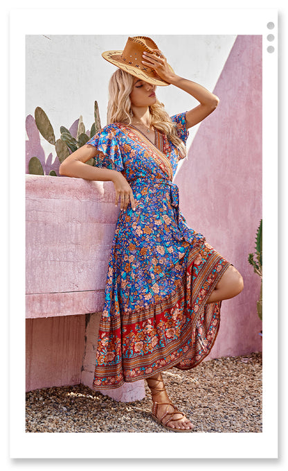 Meadow Dreamer Floral Print Boho Plunge Maxi Dress [Spirit and Rebel]   