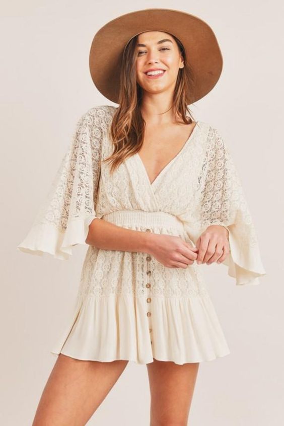 Spirit and Rebel White Lace Boho Tunic Beach Cover up Dress [Spirit and Rebel]   