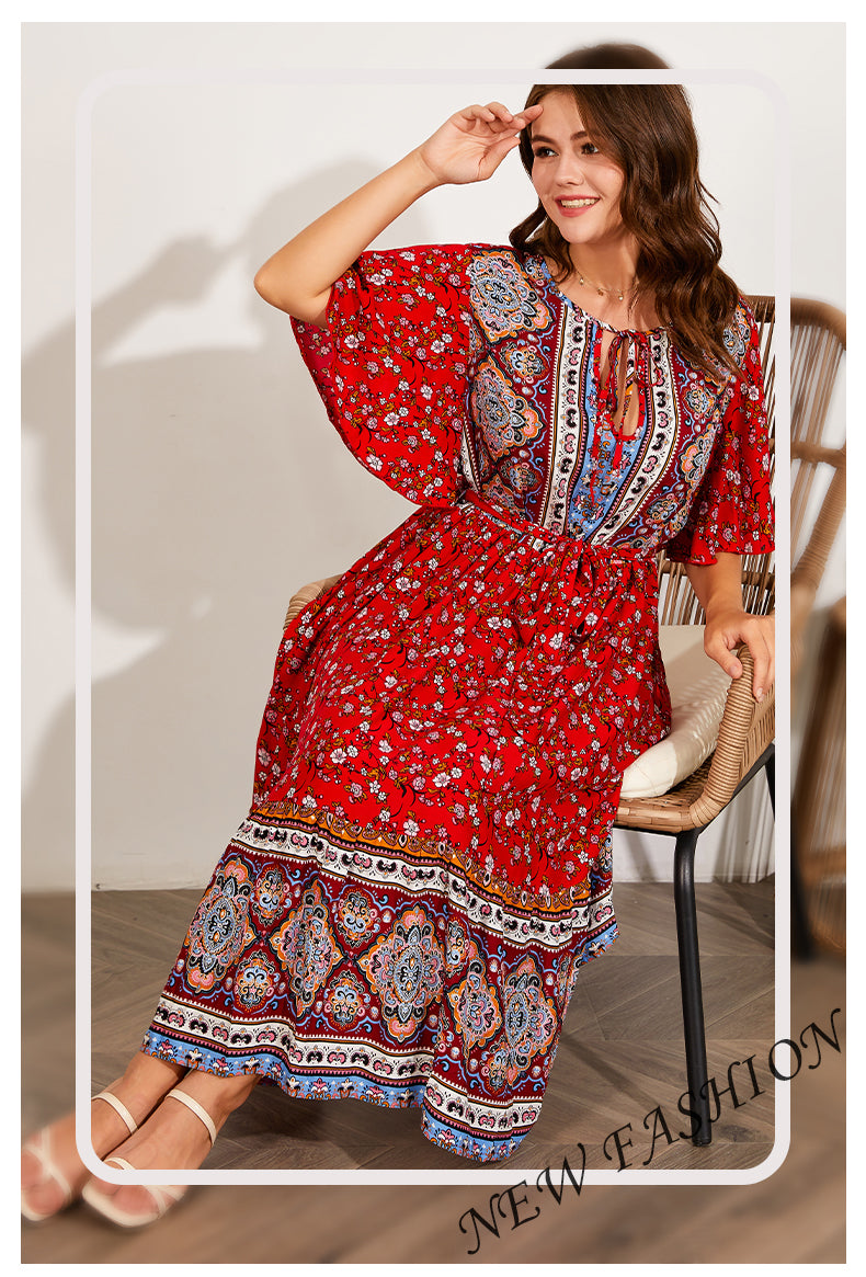 Free Flow Red Plus Size Boho Midi Dress [Spirit and Rebel]   