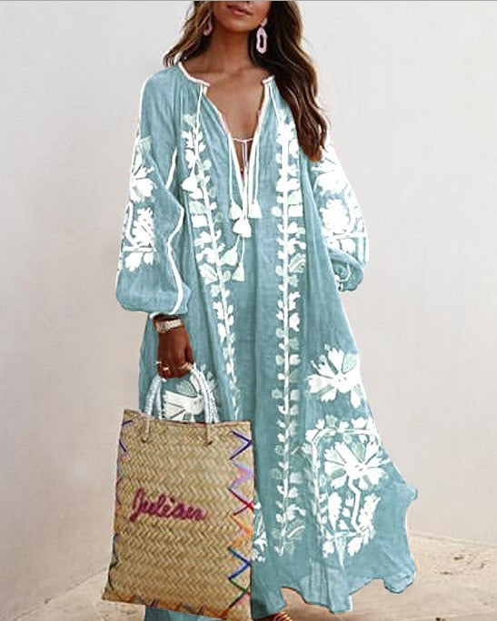 Boho Plus Size Plunge Loose Maxi Dress [Spirit and Rebel] Light Blue S 