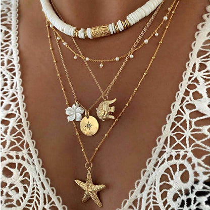 Boho Bliss Shell Star Sun Pendant Layered Necklace [Spirit and Rebel] Gold3  