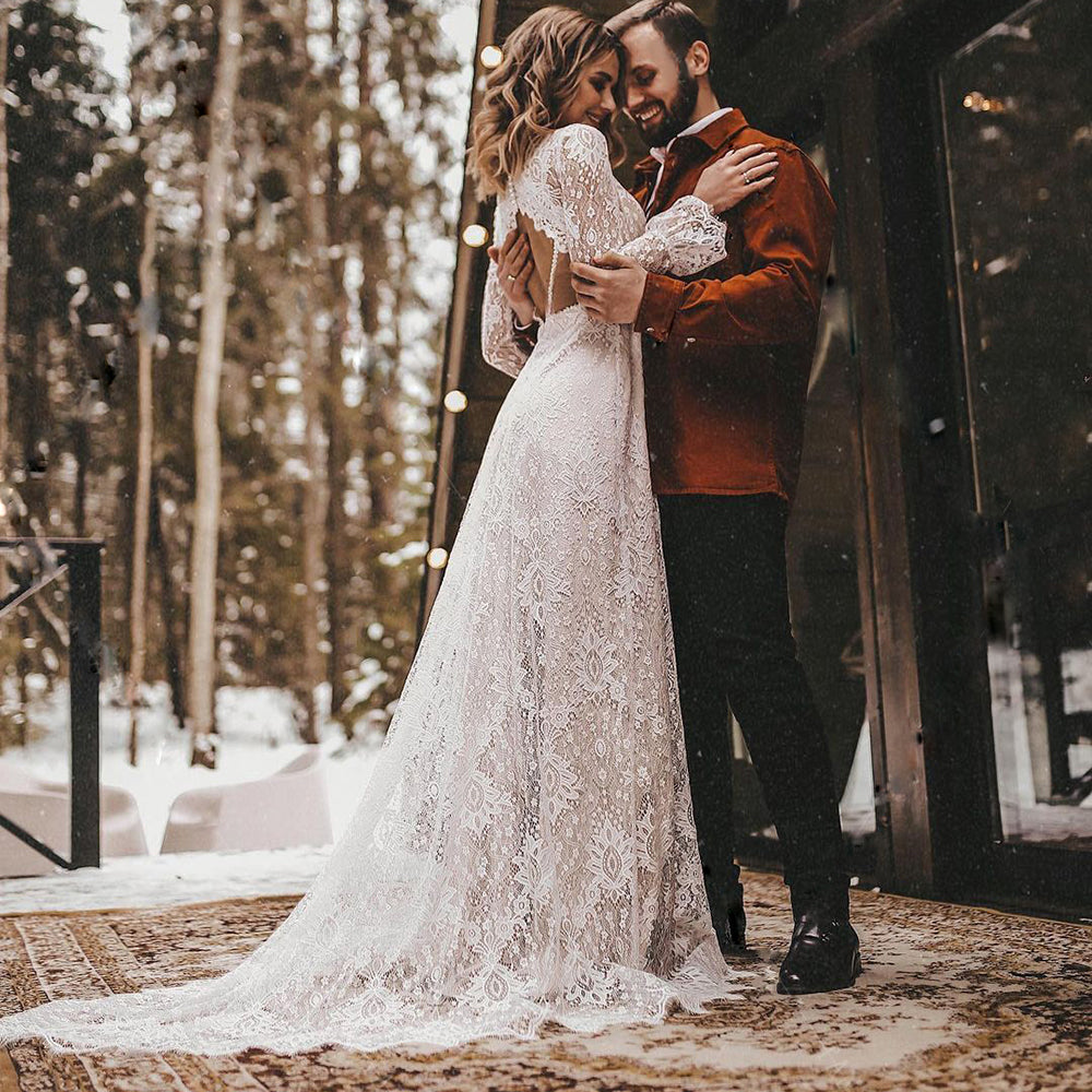 Elegant Boho Floral Lace V Neck Wedding Dress [Spirit and Rebel]   