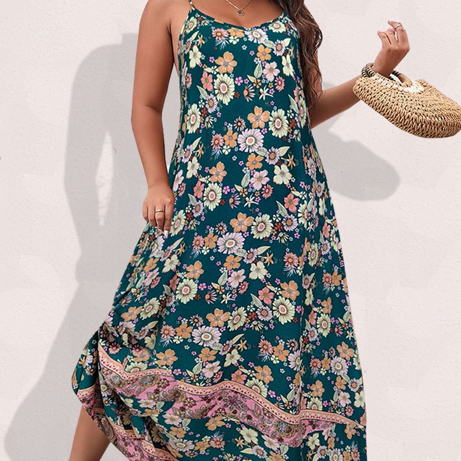 Spirit and Rebel Floral Boho Plus Size Maxi Dress [Spirit and Rebel] Green L 