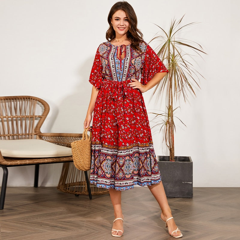 Free Flow Red Plus Size Boho Midi Dress [Spirit and Rebel]   