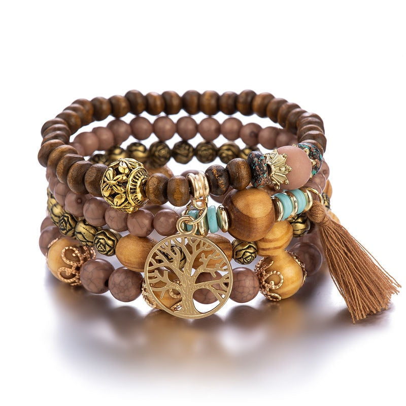 Tree Of Life Boho Beaded Charm Bracelet Set [Spirit and Rebel] Brown  