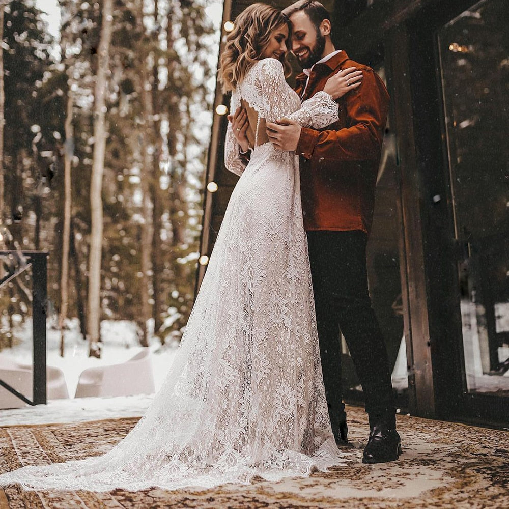 Elegant Boho Floral Lace V Neck Wedding Dress [Spirit and Rebel]   