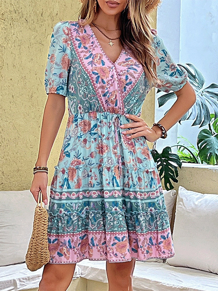 Boho Dreams Short Sleeve V Neck Mini Dress [Spirit and Rebel]   