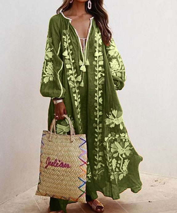 Boho Plus Size Plunge Loose Maxi Dress [Spirit and Rebel] Green S 