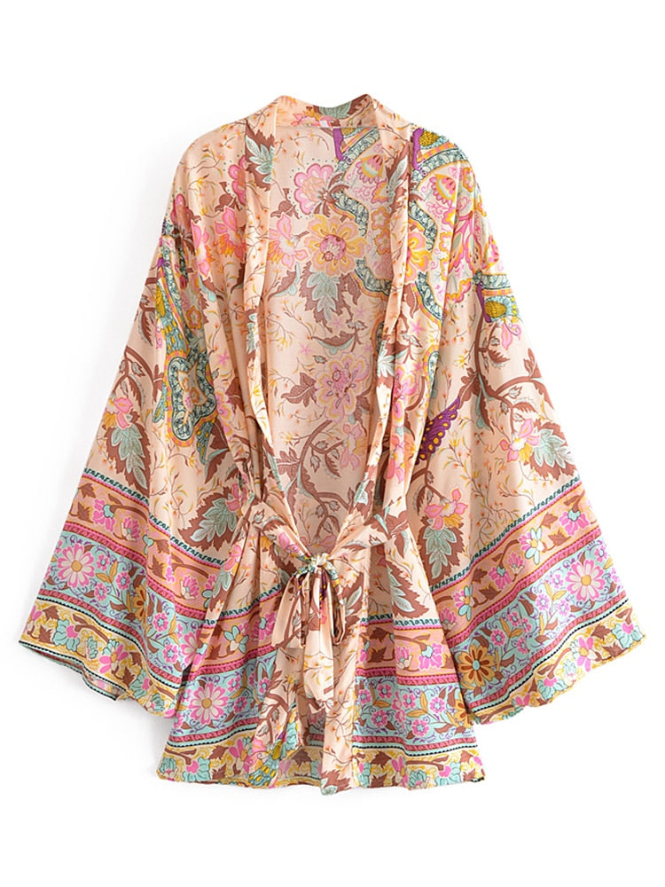 Happy Boho Vintage Peacock Floral Bohemian Kimono [Spirit and Rebel] Coral S 