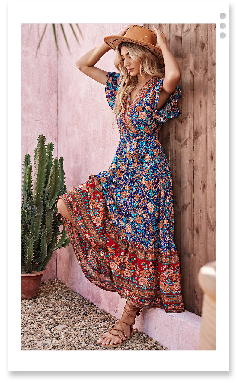 Meadow Dreamer Floral Print Boho Plunge Maxi Dress [Spirit and Rebel]   