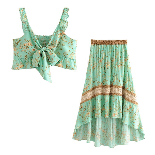 Bohemian Bliss Cut Out Dress and Top Skirt Boho Set [Spirit and Rebel] Green Set S 