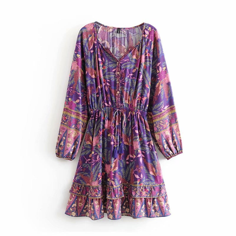 Unstoppable Spirit V-neck Long Sleeve Boho Dress [Spirit and Rebel] Purple S 