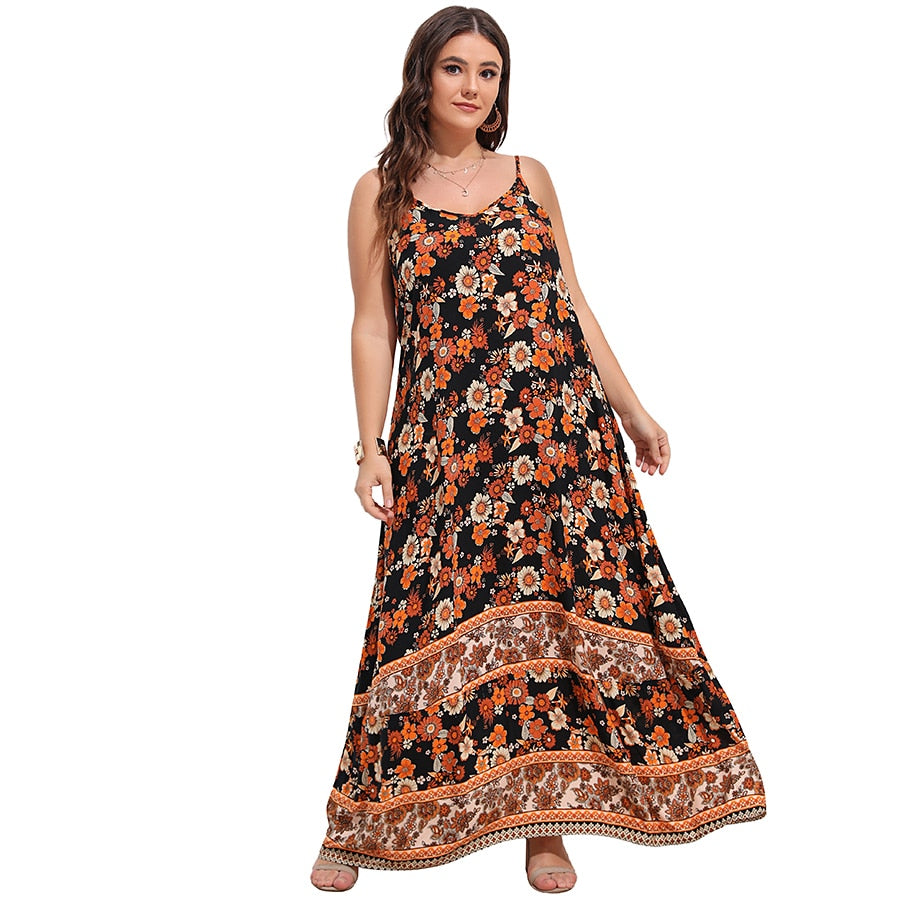 Spirit and Rebel Floral Boho Plus Size Maxi Dress [Spirit and Rebel] Orange/Black L 