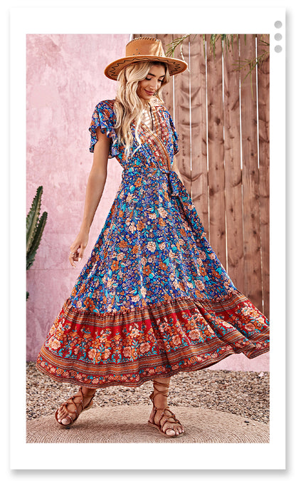 Meadow Dreamer Floral Print Boho Plunge Maxi Dress [Spirit and Rebel]   