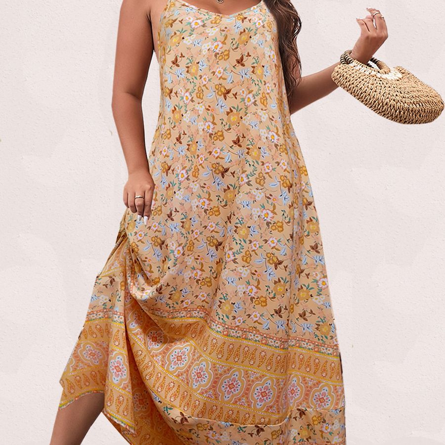 Spirit and Rebel Floral Boho Plus Size Maxi Dress [Spirit and Rebel] Yellow L 