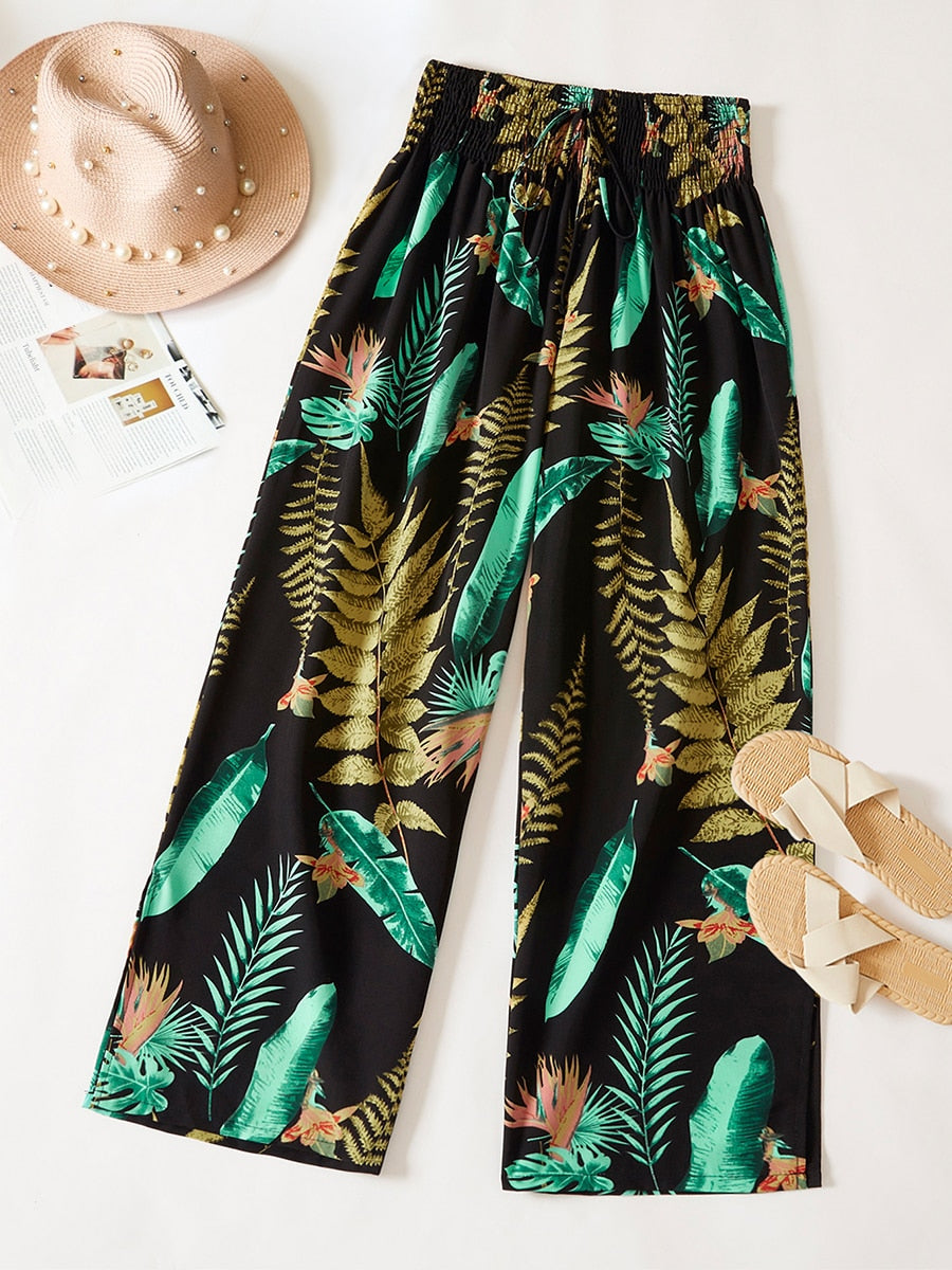 Floral Boho Plus Size Pants [Spirit and Rebel] Green 2 L 