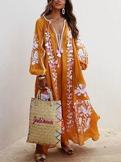 Boho Plus Size Plunge Loose Maxi Dress [Spirit and Rebel] Orange S 