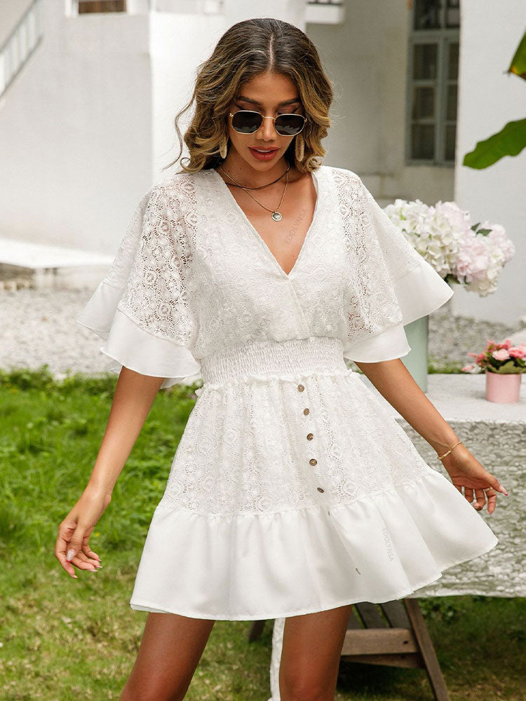 Spirit and Rebel White Lace Boho Tunic Beach Cover up Dress [Spirit and Rebel]   