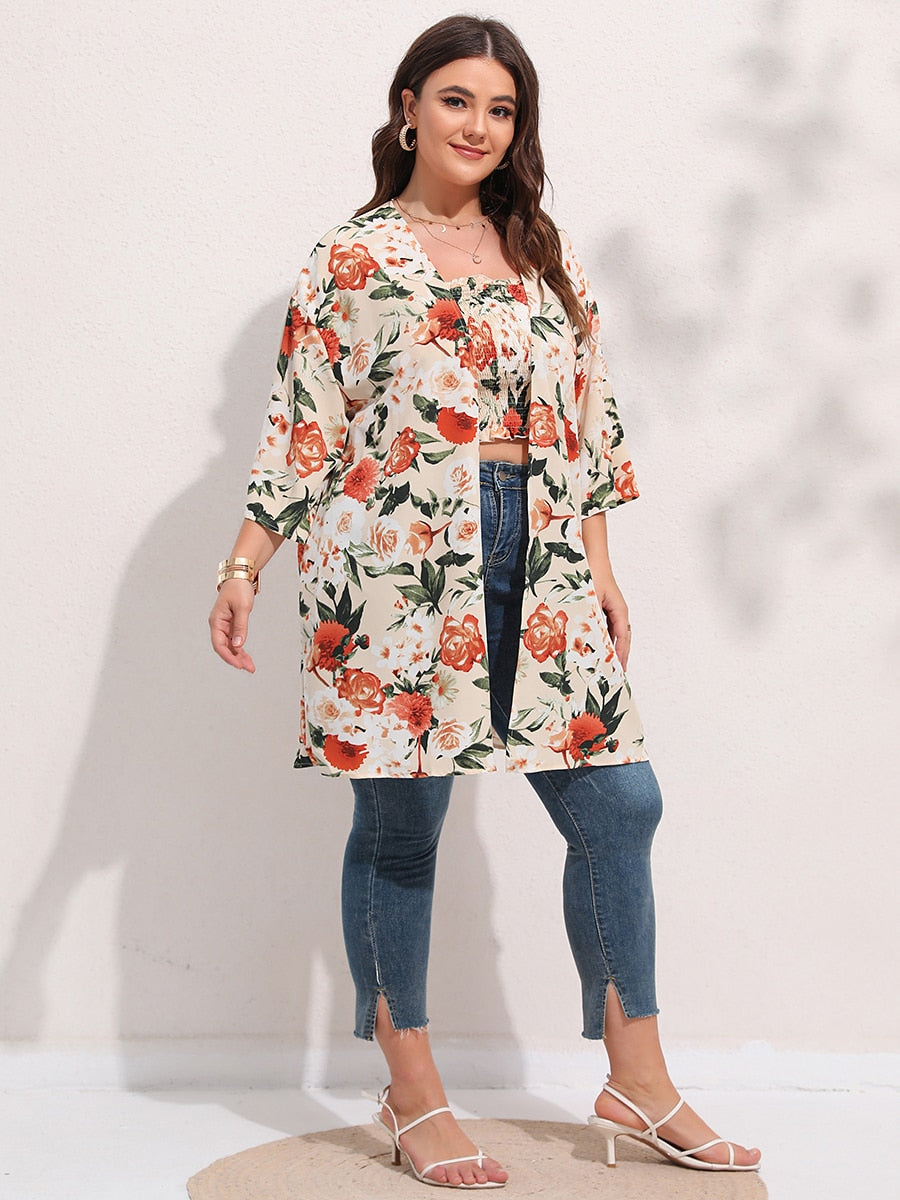 Boho Tube Top & Cardigan Set Plus Size [Spirit and Rebel] Orange/White L 