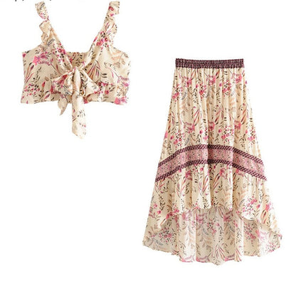 Bohemian Bliss Cut Out Dress and Top Skirt Boho Set [Spirit and Rebel] Pink Set S 