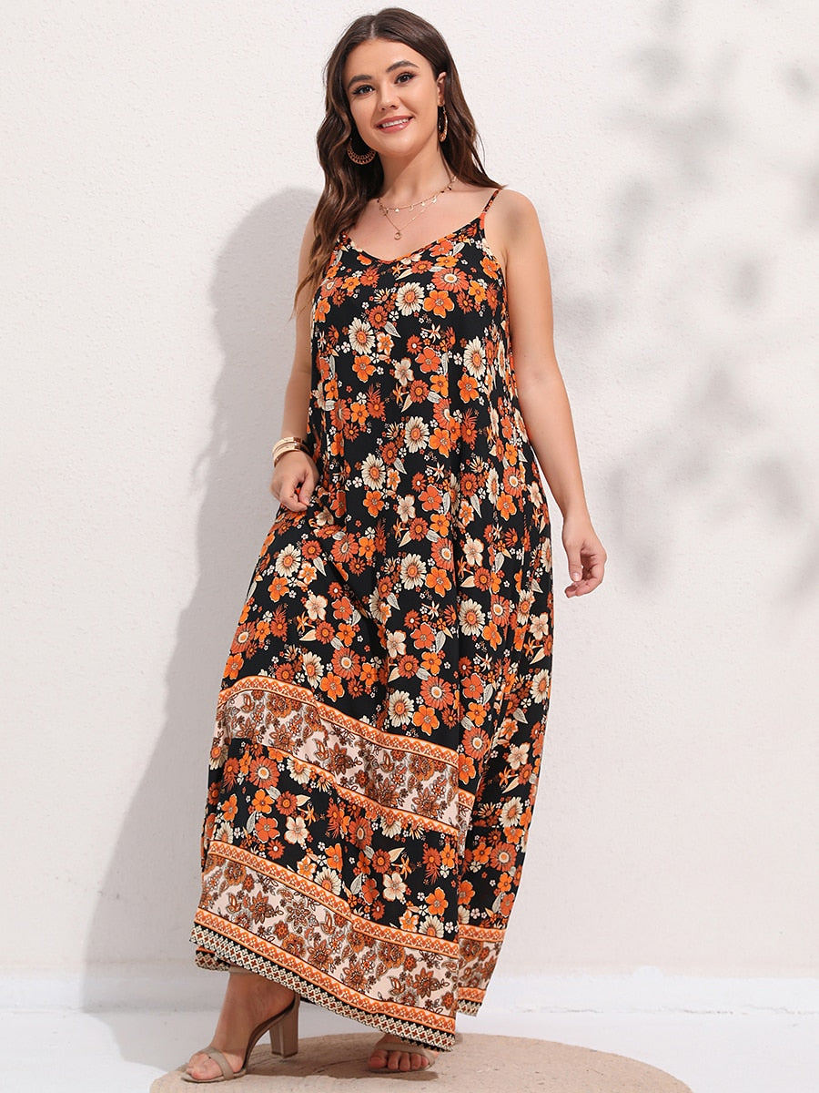 Spirit and Rebel Plus Size Floral Print Boho Maxi Dress [Spirit and Rebel] Black/Orange/Mixed L 