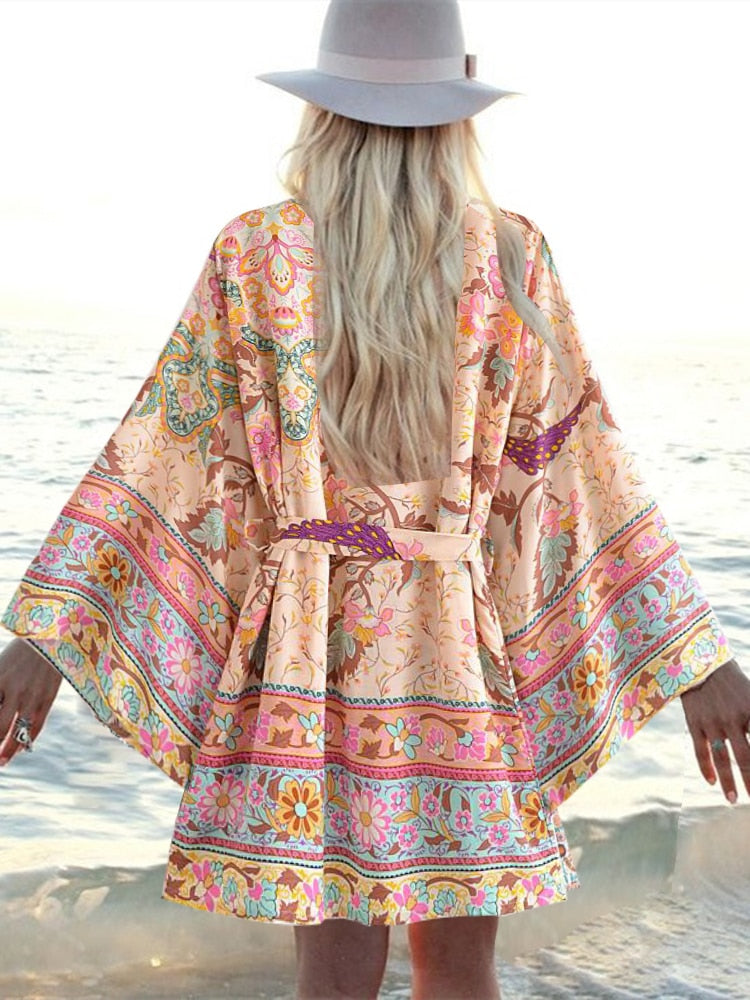 Happy Boho Vintage Peacock Floral Bohemian Kimono [Spirit and Rebel]   