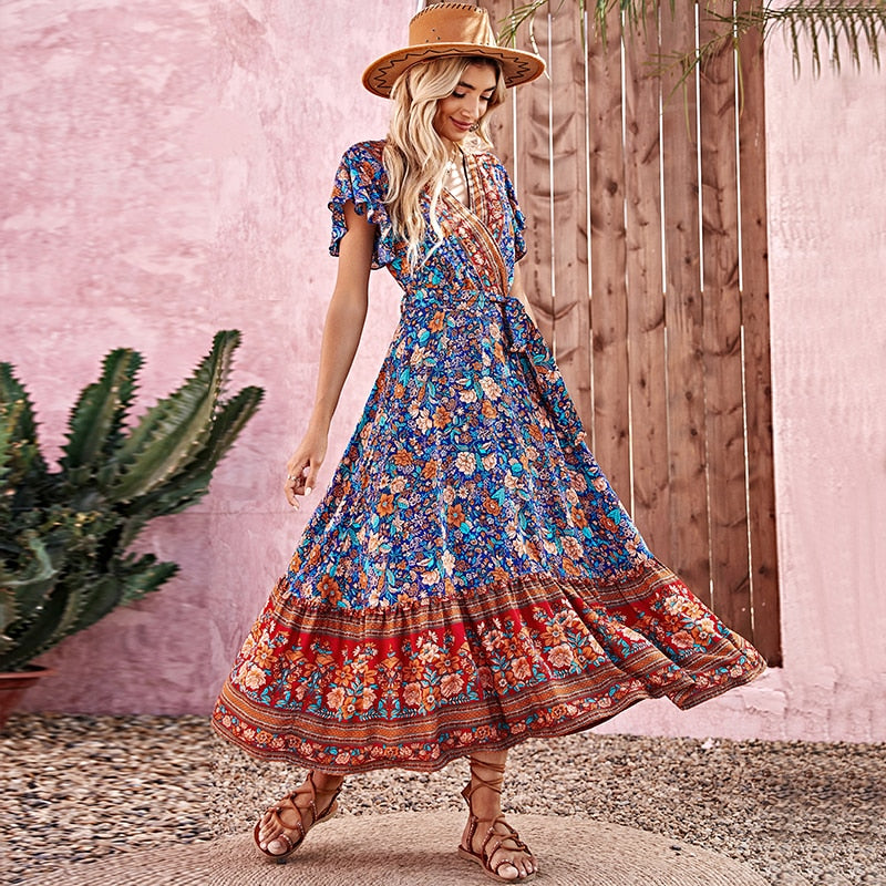 Meadow Dreamer Floral Print Boho Plunge Maxi Dress [Spirit and Rebel] XS Multi/Blue/Orange 