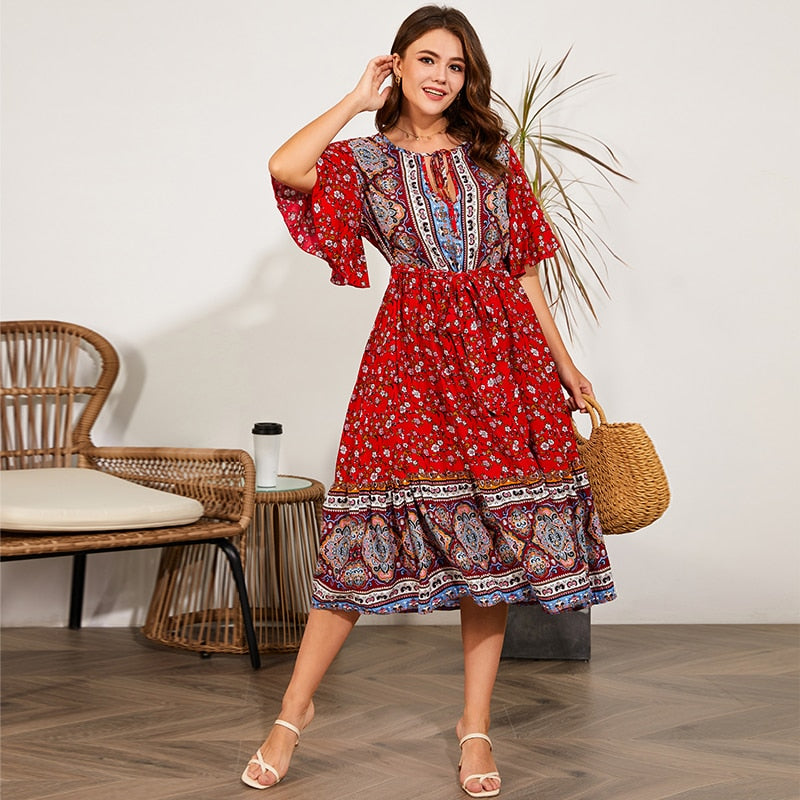 Free Flow Red Plus Size Boho Midi Dress [Spirit and Rebel] Red L 