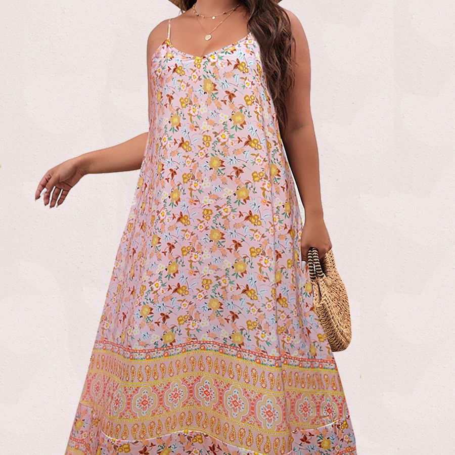 Spirit and Rebel Floral Boho Plus Size Maxi Dress [Spirit and Rebel] Pink L 