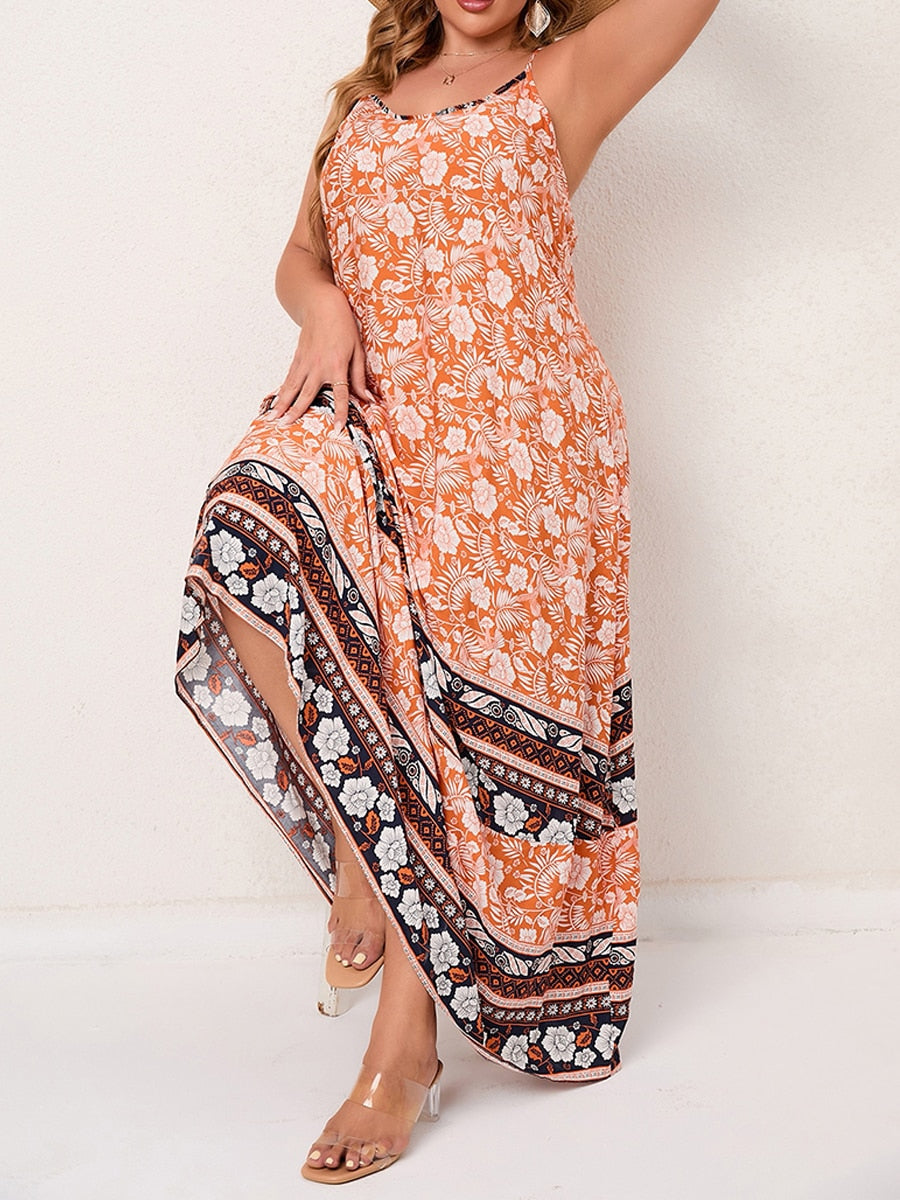 Spirit and Rebel Plus Size Floral Print Boho Maxi Dress [Spirit and Rebel] Orange/White/Mixed L 