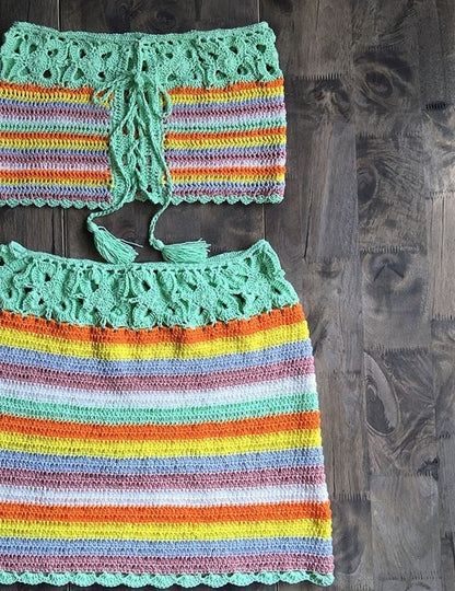 Blissful Beach Boho Crochet Beach Cover Top Skirt [Spirit and Rebel] Green Set One Size 