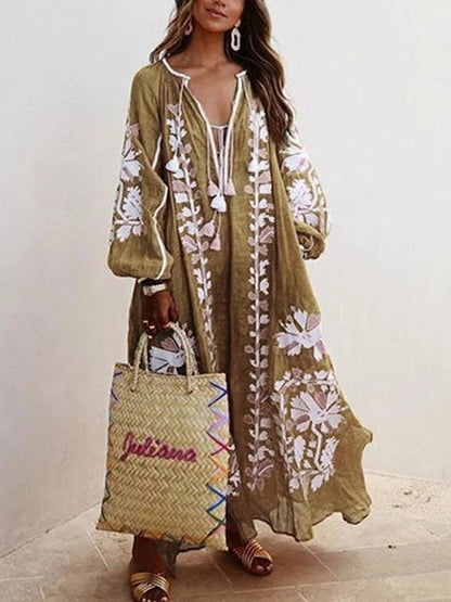 Boho Plus Size Plunge Loose Maxi Dress [Spirit and Rebel] Khaki S 