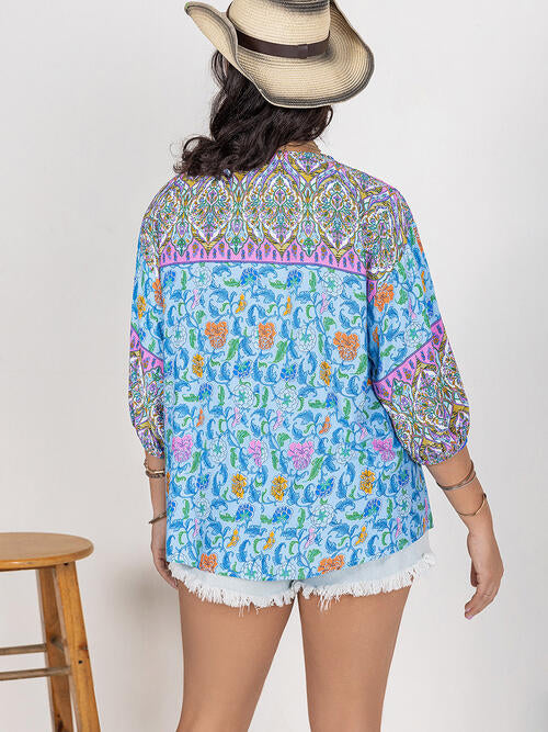 Boho Chic  Plus Size Printed Tie Neck Balloon Sleeve Blouse [Spirit and Rebel]   