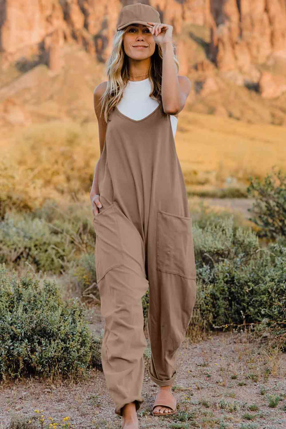 Double Take  V-Neck Sleeveless Jumpsuit with Pocket [Spirit and Rebel] Tan S 