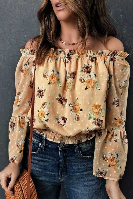 Floral Off-Shoulder Ruffle Hem Boho Top [Spirit and Rebel] Yellow S 