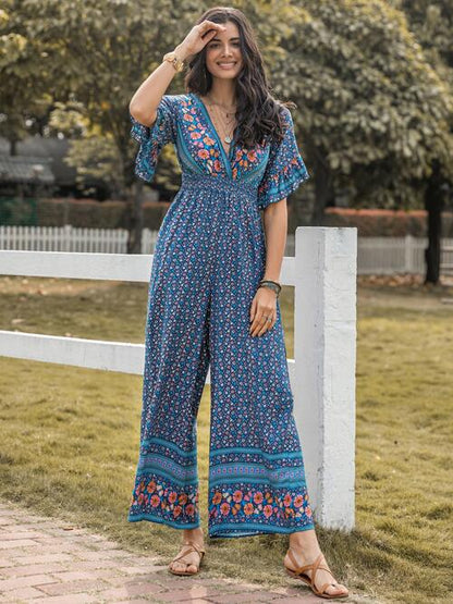 Boho Chic  Floral Surplice Flutter Sleeve Jumpsuit [Spirit and Rebel] Dusty  Blue S 