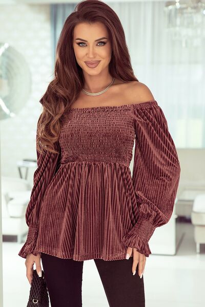 Boho Chic  Smocked Ribbed Velvet Babydoll Top [Spirit and Rebel] Light Mauve S 