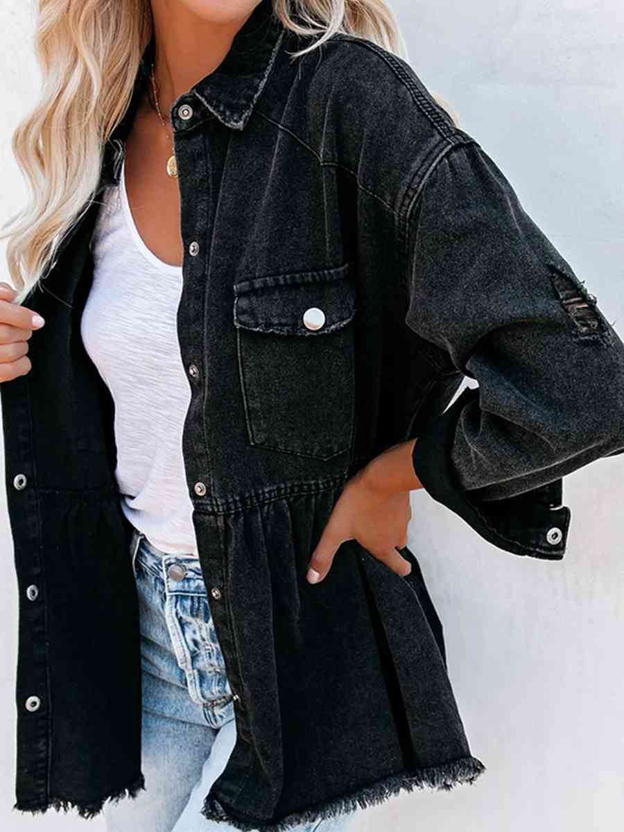 Boho Grunge Raw Hem Distressed Denim Shacket [Spirit and Rebel]   