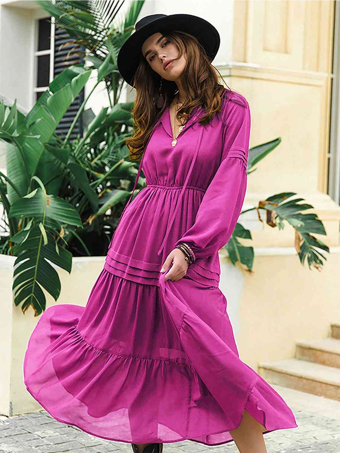 Tie Neck Long Sleeve Midi Tiered Dress [Spirit and Rebel]   